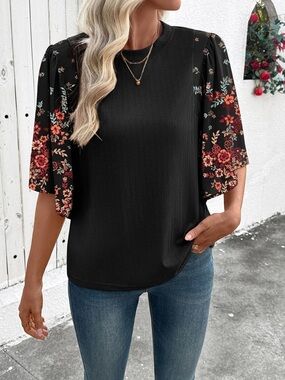 EVALESS 3/4 Length Bell Sleeve Top Floral Print Teacher Outfit Blouse Dressy XL